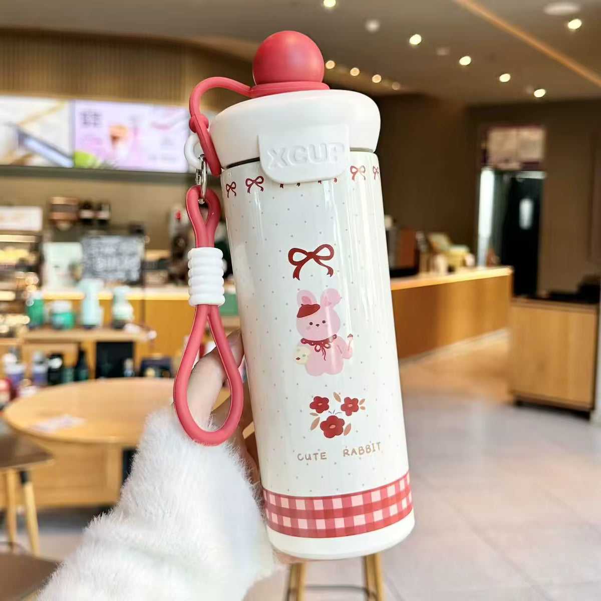 600ml Insulated Water Bottle Kawaii Thermos Flask with Strap