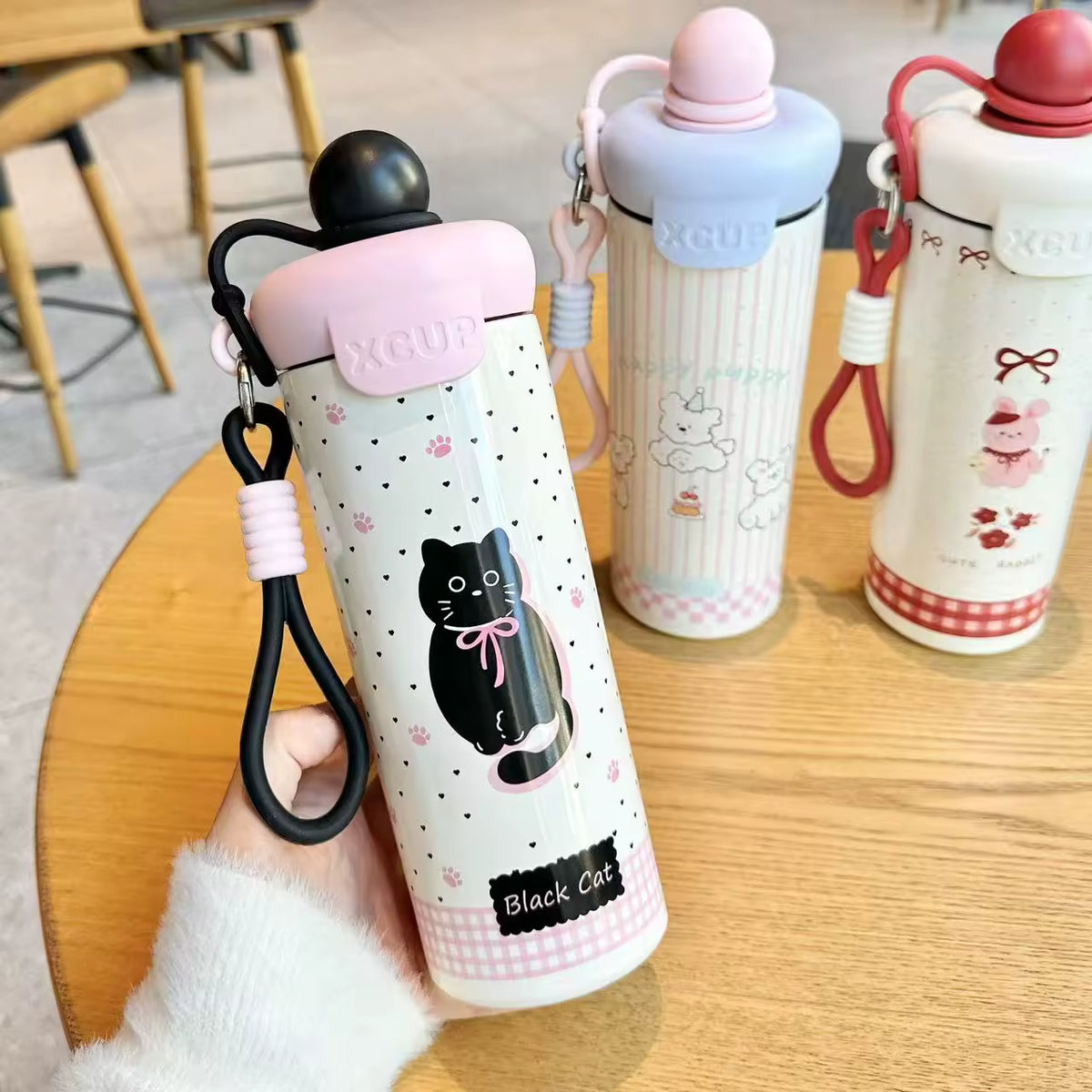 600ml Insulated Water Bottle Kawaii Thermos Flask with Strap